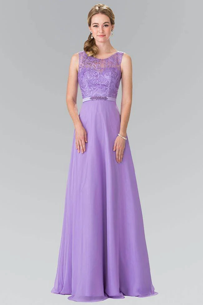 GLS COLLECTIVE - GL2364 - Lilac Size M Elizabeth K Sheer Embroidered Bodice with Belt Long Dress