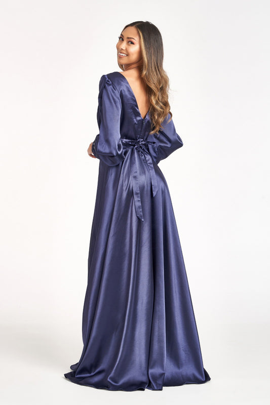 GLS COLLECTIVE - GL1990 - Navy Size 2XL V-Neck Satin Long Prom / Mother of Bride / Bridesmaid Dress
