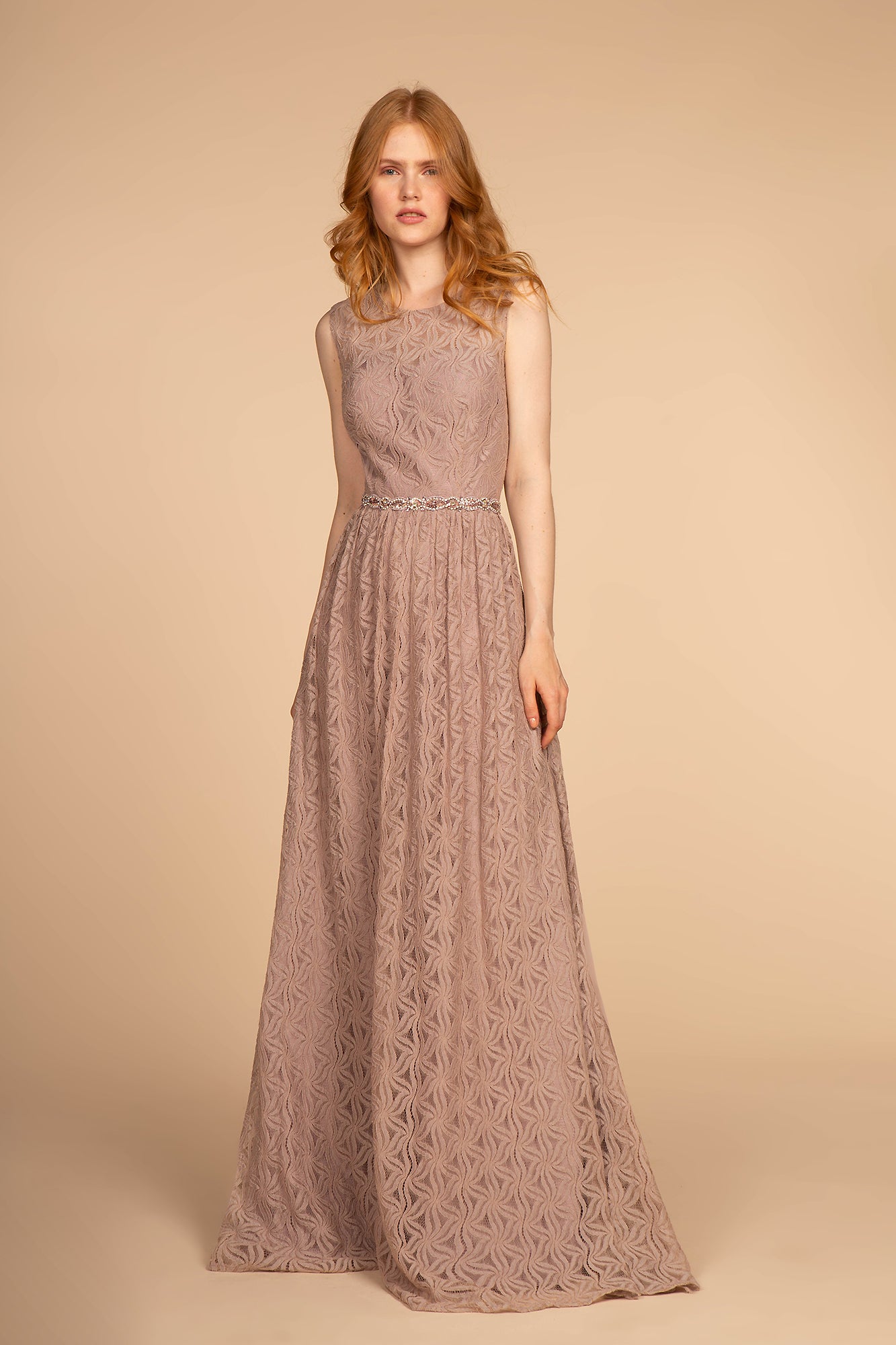 GLS COLLECTIVE - 2611 - Mauve 2XL Jewel Embellished Waist Lace Long Dress