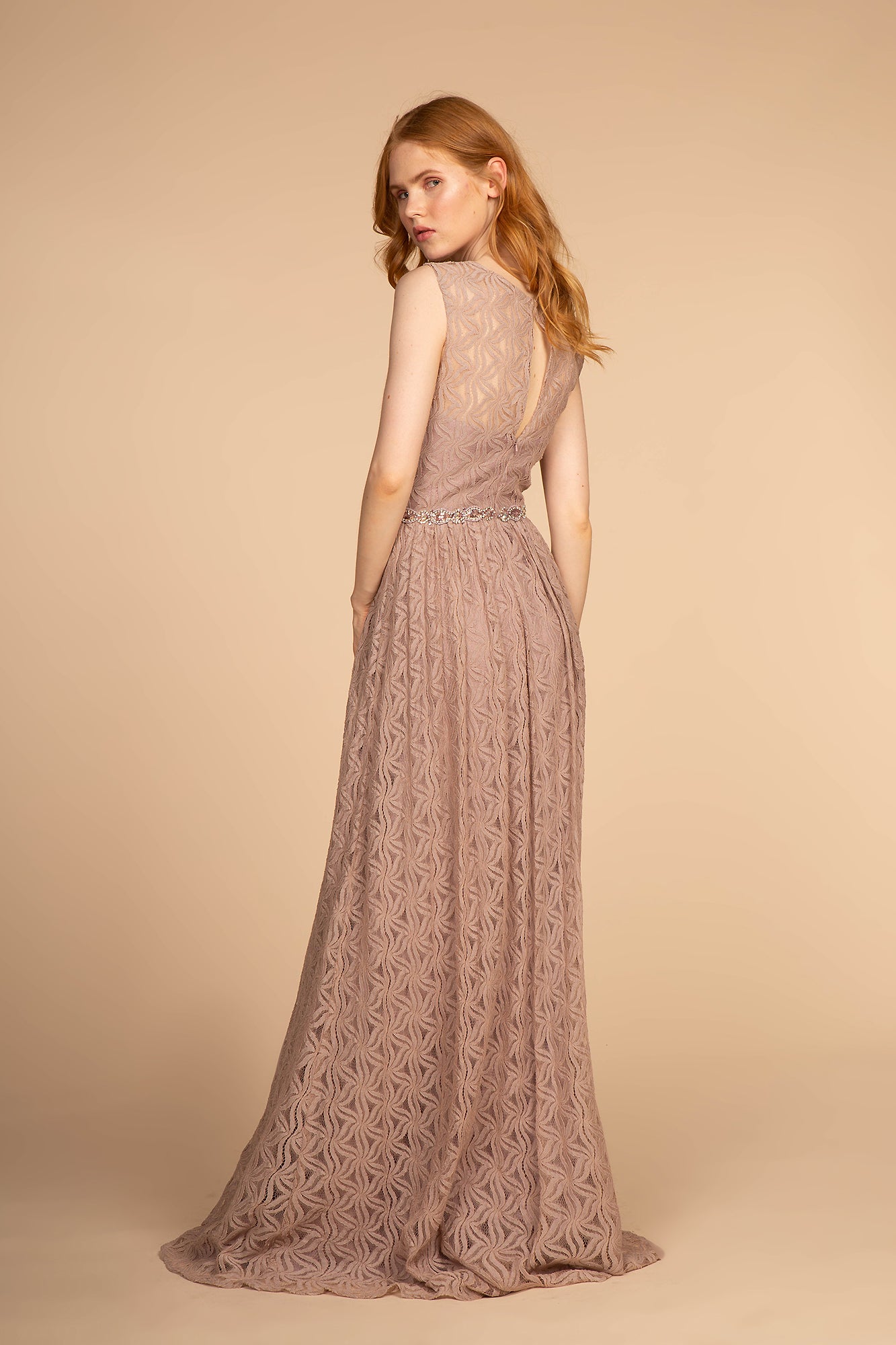 GLS COLLECTIVE - 2611 - Mauve 2XL Jewel Embellished Waist Lace Long Dress