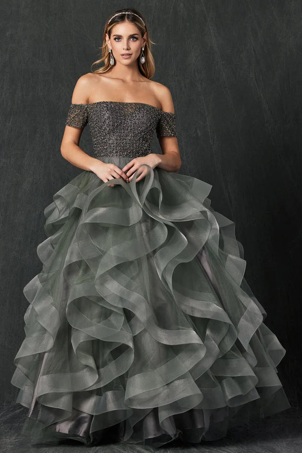 JULIET - JT395 - Olive Green/Charcoal Size L Ruffled Off Shoulder Ball Gown