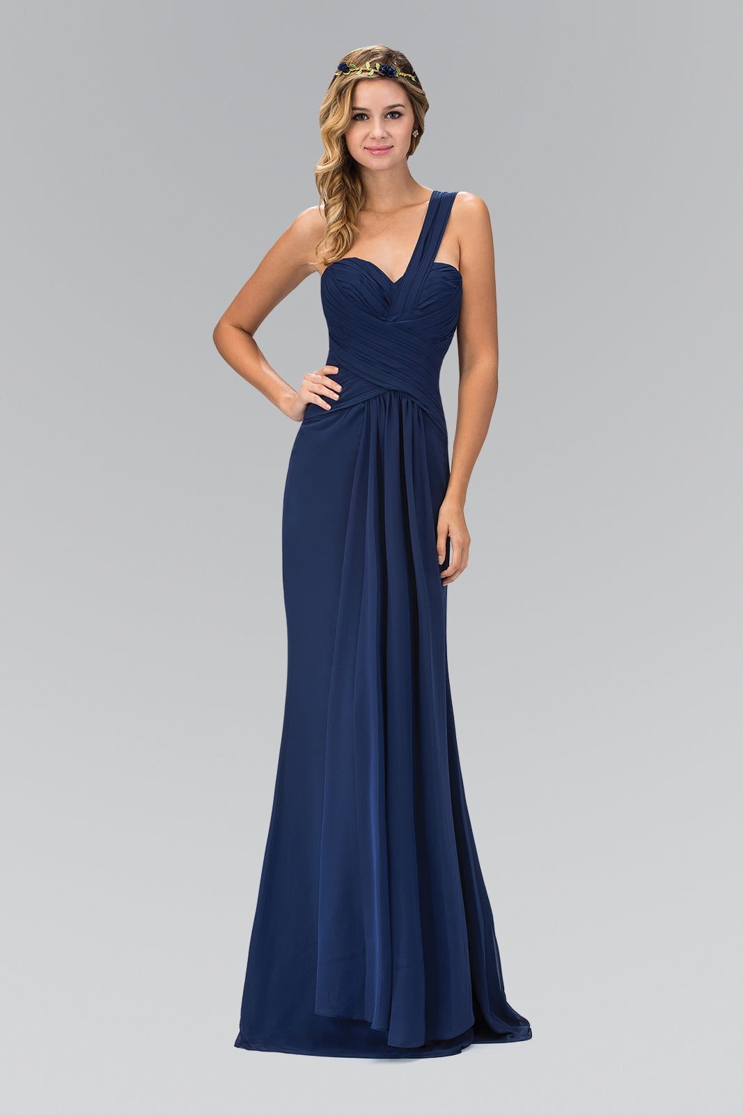 GLS COLLECTIVE - GL1390 - Champagne Size S or Navy Size L One Shoulder Ruched Long Dress with Sweetheart Neckline