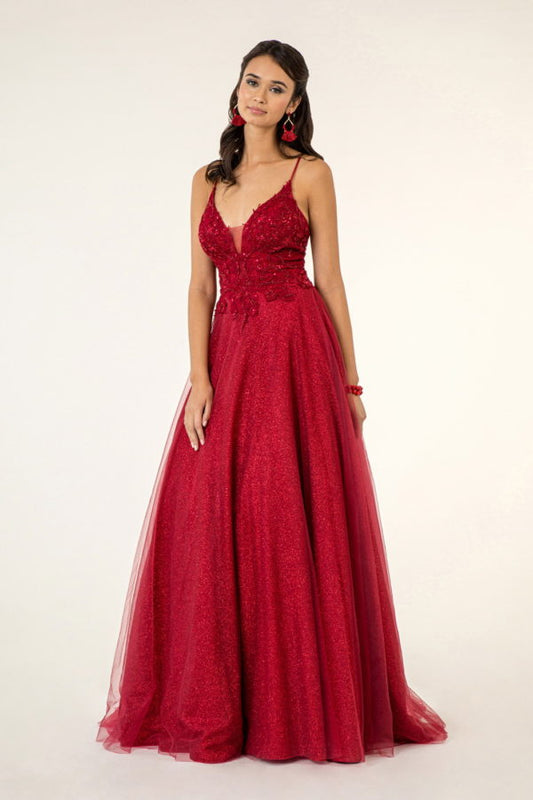 GLS COLLECTIVE - GL1917 - Red Size 2XL V-Neck Floral Embroidery Embellished Bodice Glitter Mesh Long Dress